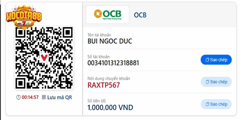 Giao dịch nạp tiền XOCDIA88 diễn ra vô cùng nhanh chóng